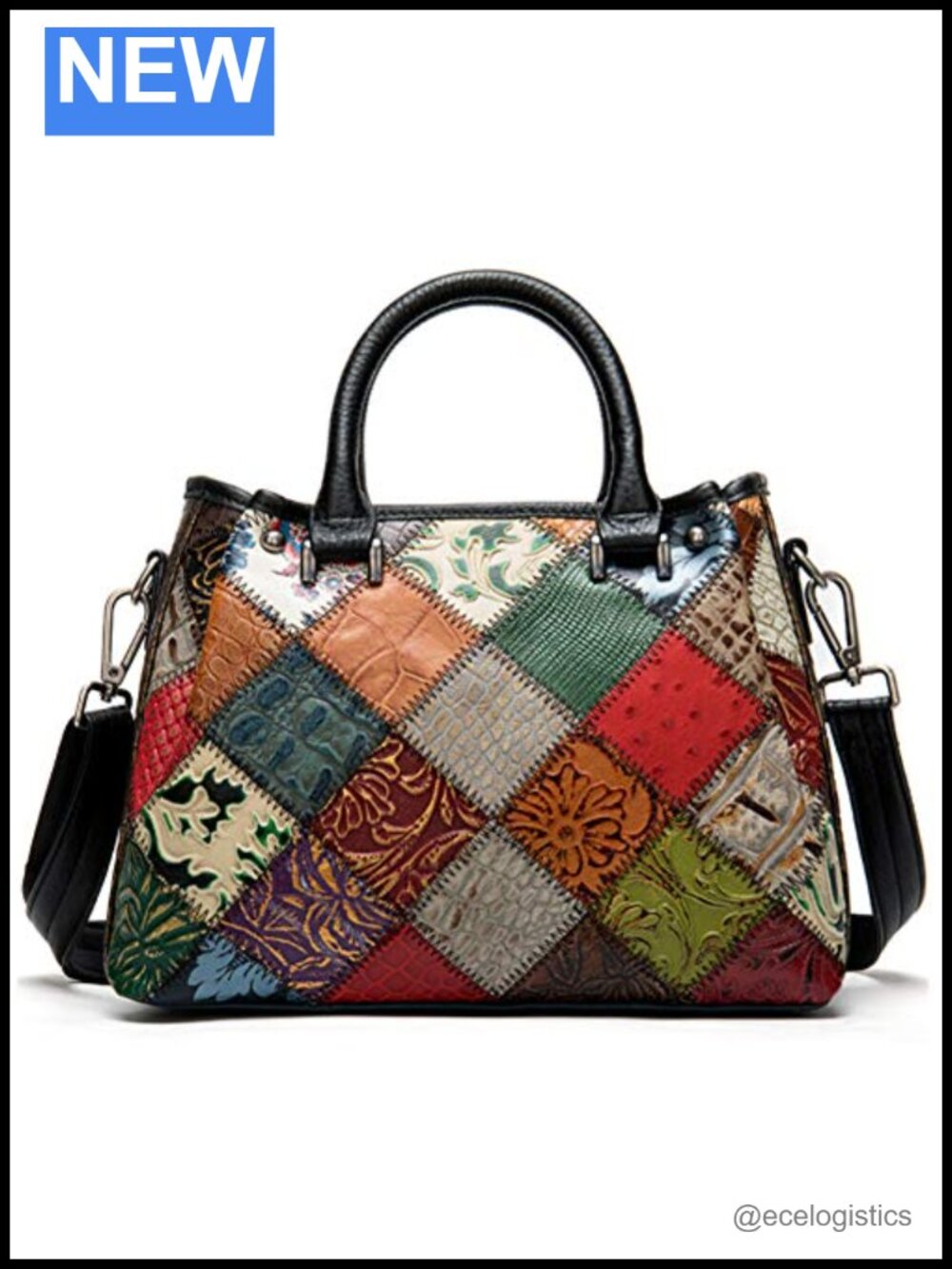 Genuine Leather Multicolor Splicing Tote Handbag with Detachable Strap